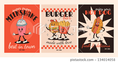 Cartoon fast food poster. Retro groovy cards with mascot food characters. Brochure design with quote text for cafe. Banner with funky groovy burger, french fries, soda, ice cream. Fast food delivery Cartoon fast food poster. Retro groovy cards with mascot food characters. Brochure design with quote text for cafe. Banner with funky groovy burger, french fries, soda, ice cream. Fast food delivery 134014058