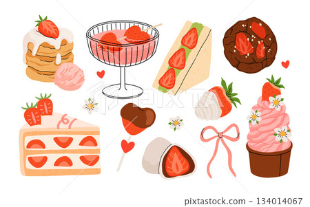 Strawberry set. Summer refreshing drinks, sweets and desserts with taste of strawberries. Chocolate strawberry. Flowers, petals, strawberries. Flat Vector illustration isolated on white background 134014067