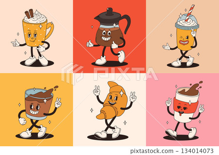 Retro groovy set with coffee mascot, cartoon characters, funny colorful doodle style characters, cappuccino, cocoa, latte, espresso and americano. Vector illustration on beige isolated background. Retro groovy set with coffee mascot, cartoon characters, funny colorful doodle style characters, cappuccino, cocoa, latte, espresso and americano. Vector illustration on beige isolated background. 134014073
