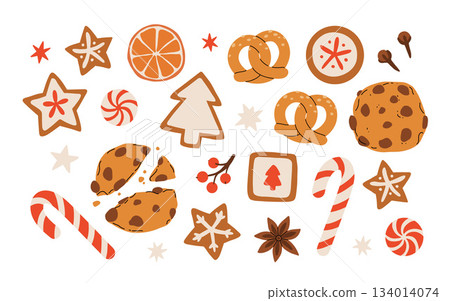 Set of gingerbread Christmas cookies with fondant icing in shape of forest trees, five-pointed stars and sweet cane, chocolate chip cookie. Cute vector holiday illustration with homemade baked goods. Set of gingerbread Christmas cookies with fondant icing in shape of forest trees, five-pointed stars and sweet cane, chocolate chip cookie. Cute vector holiday illustration with homemade baked goods. 134014074