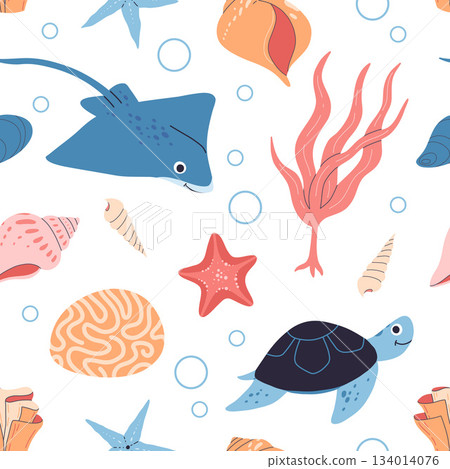 Sea animals, fish, whale, jellyfish, shell, coral and seaweed, crab, starfish. Seamless pattern of hand drawn sea life creatures and elements. Vector doodle cartoon set of marine life objects. Sea animals, fish, whale, jellyfish, shell, coral and seaweed, crab, starfish. Seamless pattern of hand drawn sea life creatures and elements. Vector doodle cartoon set of marine life objects. 134014076