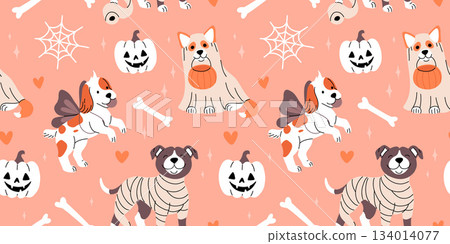 Adorable dogs in Halloween costumes with bones, big spider web and jack o lantern pumpkin. Flat cartoon seamless pattern with cute dogs. Adorable dogs in Halloween costumes with bones, big spider web and jack o lantern pumpkin. Flat cartoon seamless pattern with cute dogs. 134014077