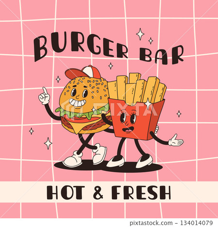 Cartoon fast food poster. Retro groovy cards with mascot food characters. Brochure design with quote text for cafe. Banner with funky groovy burger with french fries. Fast food delivery flyer. Cartoon fast food poster. Retro groovy cards with mascot food characters. Brochure design with quote text for cafe. Banner with funky groovy burger with french fries. Fast food delivery flyer. 134014079