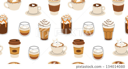 Seamless pattern of Coffee Cups with Latte Art Patterns Front View. Cute rabbit, Flower and Heart foam shapes. Cafe Bar or Coffee House Graphics. Vector Illustration, Icons Seamless pattern of Coffee Cups with Latte Art Patterns Front View. Cute rabbit, Flower and Heart foam shapes. Cafe Bar or Coffee House Graphics. Vector Illustration, Icons 134014080