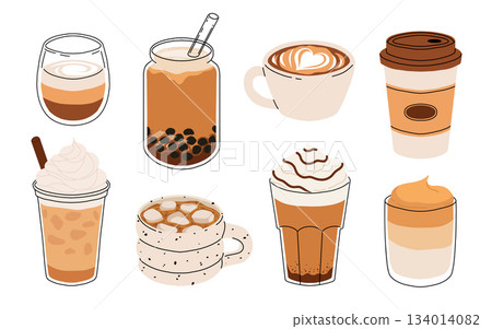 Set of Coffee Cups with Latte Art Patterns Front View. Cute rabbit, Flower and Heart foam shapes. Cafe Bar or Coffee House Graphics. Vector Illustration, Icons 134014082