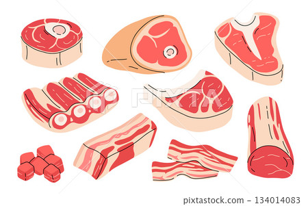 Raw meat products. Fresh beef steaks, pork raw meat food flat vector illustration set. Butcher shop products 134014083