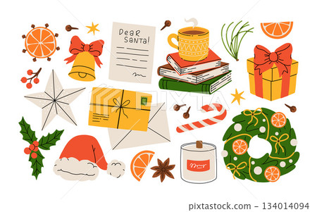 Hygge Winter elements set. Cute and cozy cartoon vector collection. Illustration of christmas present, festive garland, warm knitted sweater, envelope, star and skates. Hygge Winter elements set. Cute and cozy cartoon vector collection. Illustration of christmas present, festive garland, warm knitted sweater, envelope, star and skates. 134014094