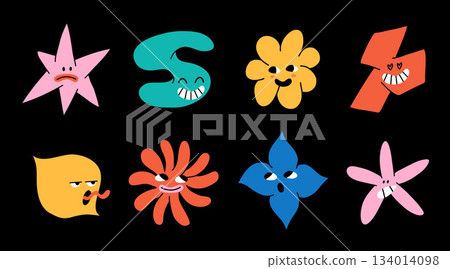Abstract elements set. Star, flower, cloud shapes sticker pack. Groovy funky flower, bubble, star, loop, waves with cartoon faces. Trendy retro 90s 00s cartoon style. Abstract elements set. Star, flower, cloud shapes sticker pack. Groovy funky flower, bubble, star, loop, waves with cartoon faces. Trendy retro 90s 00s cartoon style. 134014098