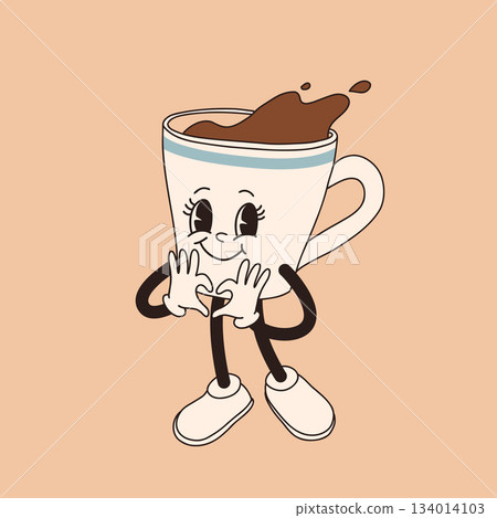Retro cartoon coffee cup character. Mug mascot in different poses. 60s 70s 80s groovy contour vector illustration. Espresso black coffee cup. Retro cartoon coffee cup character. Mug mascot in different poses. 60s 70s 80s groovy contour vector illustration. Espresso black coffee cup. 134014103