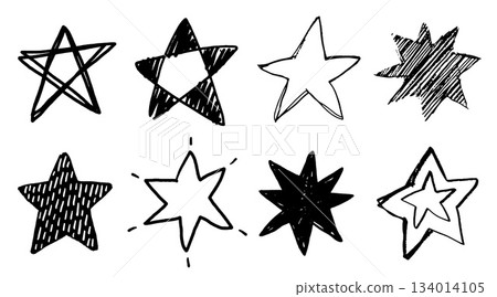 Set of black doodle style stars drawn by hand. Grunge scrawls, charcoal scribbles, rough brush strokes, underlines. Bold charcoal freehand stars. Crayon or marker scribbles 134014105
