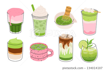 Set of Japan matcha cocktails. Collection of matcha drinks with latte , frappuccino, mojito, lemonade and coffee tonic. Green iced matcha latte in various cups. Flat cartoon vector illustration Set of Japan matcha cocktails. Collection of matcha drinks with latte , frappuccino, mojito, lemonade and coffee tonic. Green iced matcha latte in various cups. Flat cartoon vector illustration 134014107