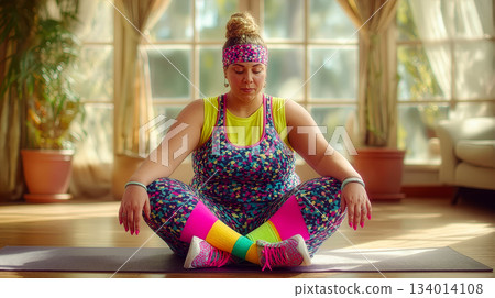Woman sitting cross-legged on yoga mat while meditating. Brightly lit room with large windows. Concept yoga, fitness, wellness. Woman sitting cross-legged on yoga mat while meditating. Brightly lit room with large windows. Concept yoga, fitness, wellness. 134014108