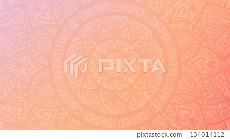 Round mandala on dreamy peach fuzz gradient background. Translucent mesh pattern in the form of a mandala. Mandala with floral patterns. Pastel Yoga template. 134014112