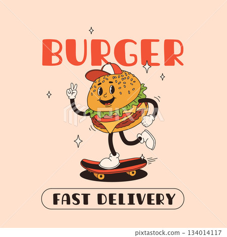 Cartoon fast food poster. Retro groovy cards with mascot food characters. Brochure design with quote text for cafe. Banner with funky groovy burger with french fries. Fast food delivery flyer. Cartoon fast food poster. Retro groovy cards with mascot food characters. Brochure design with quote text for cafe. Banner with funky groovy burger with french fries. Fast food delivery flyer. 134014117