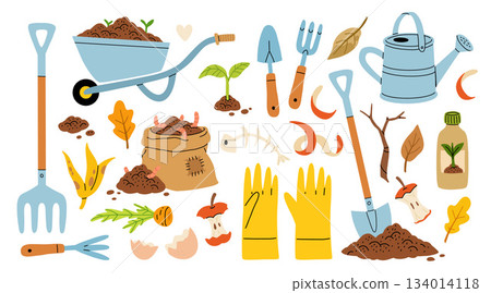 Set of cartoon flat icons. Organic composting theme. Garden tools, bag of compost, ground, food garbage. Illustration of bio, organic fertilizer, compost, agronomy. Colored vector isolated design 134014118