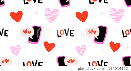 Valentines day elements vector seamless pattern. Gifts, envelope, heart, dessert, messages, candies, locks and other traditional decorations. Cartoon doodle style. Valentines day elements vector seamless pattern. Gifts, envelope, heart, dessert, messages, candies, locks and other traditional decorations. Cartoon doodle style. 134014122