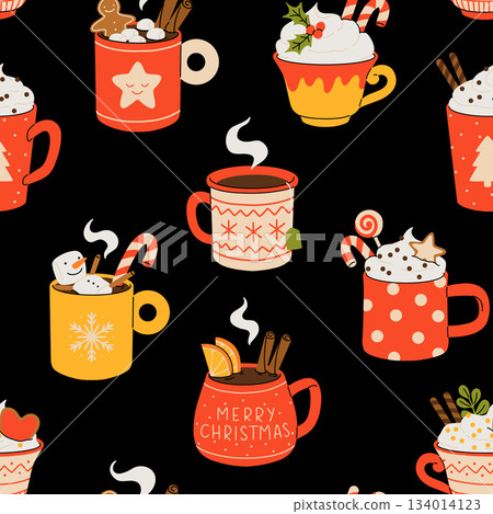 Christmas and Happy New Year seamless pattern. Mugs of cacao with whipped cream, marshmallow and candy cane. Greeting card for Xmas, New year or winter holidays. Vector design template. Christmas and Happy New Year seamless pattern. Mugs of cacao with whipped cream, marshmallow and candy cane. Greeting card for Xmas, New year or winter holidays. Vector design template. 134014123