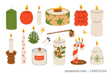 Christmas candles. Cartoon xmas decor burning candles, winter holidays wax candles with Christmas decorations, Noel home interior decor flat vector illustration set. Xmas candles collection 134014128