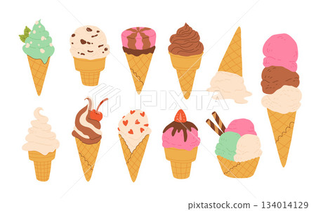 Desserts, sweet eating set. Yummy street food, confectionery snacks. Cone waffle with filling, icecream balls in cup, ice-cream in cone. Flat vector illustrations isolated on white background 134014129