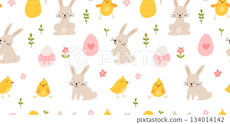 Lovely hand drawn Easter seamless pattern with bunnies, doodles, flowers, easter eggs, beautiful background. Suitable for Easter cards, banner, textiles, wallpapers. 134014142