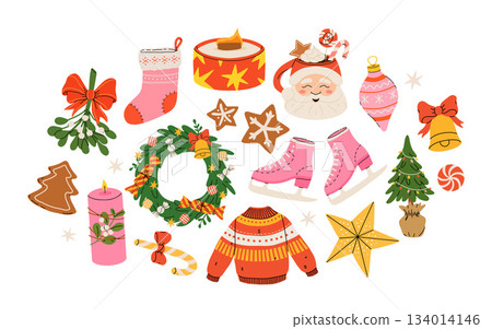 Cozy collection of Christmas and New Year items. Set of traditional winter symbols, elements and decorations christmas tree, wreath, mistletoe, candles, clothes and other. Colored flat illustration Cozy collection of Christmas and New Year items. Set of traditional winter symbols, elements and decorations christmas tree, wreath, mistletoe, candles, clothes and other. Colored flat illustration 134014146
