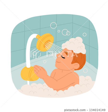 Boy Washing Himself in Bathtub with Shampoo Foam, Adorable Little Kid in Bathroom, Daily Hygiene Vector Illustration 134014149