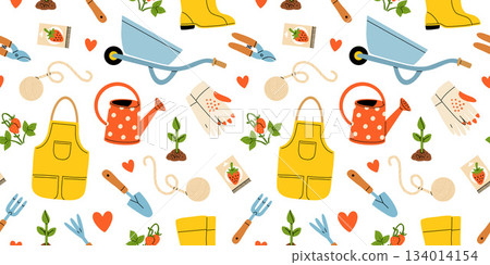 Various garden items. Gardening Tools. Gloves with seedling, flower pot, tulip, shears, scissors, shovel, rubber boots, watering can, seeds. Hand drawn Vector seamless Pattern. Horticulture concept 134014154