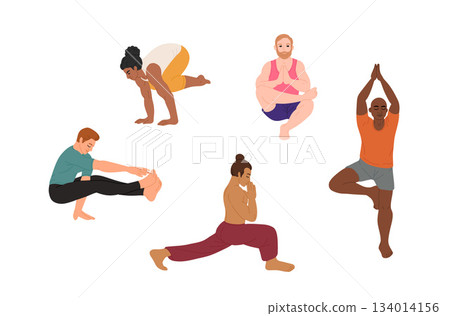 Yoga meditation man with light and dark skin color, real men do yoga. Flat vector cartoon male character in different asanas. Strong diverse male yoga illustration 134014156