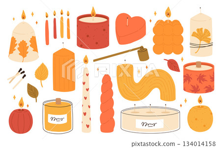 Various autumn Candles. Different shapes and sizes. Pillar, jar candle, square, container candle, heart shaped. Decorative fall wax candles with leaves and autumn elements. Matches, candle snuffer Various autumn Candles. Different shapes and sizes. Pillar, jar candle, square, container candle, heart shaped. Decorative fall wax candles with leaves and autumn elements. Matches, candle snuffer 134014158