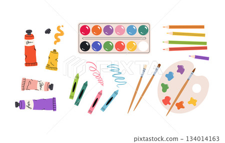 Painting tools elements vector set, cartoon style. Art supplies: paint tubes, brushes, pencil, watercolor, palette. Trendy modern vector illustration isolated on white, hand drawn, flat design. 134014163