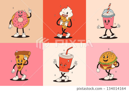 Set of fast food retro groovy cartoon character. Vintage mascot of burger, pizza, hot dog, ice cream, french fries, coffee to go, donut and soda with happy smile. Funky street food illustration 134014164