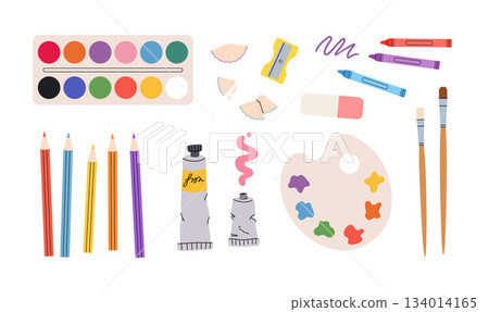 Painting tools elements vector set, cartoon style. Art supplies: paint tubes, brushes, pencil, watercolor, palette. Trendy modern vector illustration isolated on white, hand drawn, flat design. 134014165