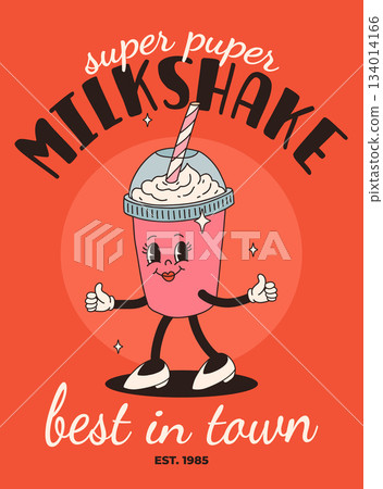 Cartoon fast food poster. Retro groovy cards with mascot food characters. Brochure design with quote text for cafe. Banner with funky groovy burger, french fries, soda, ice cream. Fast food delivery 134014166