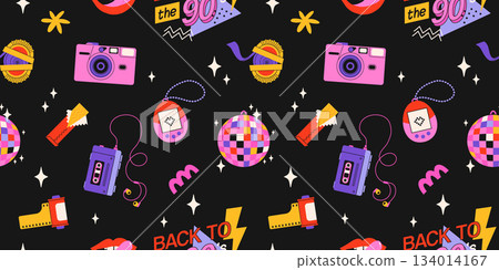 Classic 80s back to 90s elements in modern flat style. Hand drawn sticker set, vector seamless pattern. Fashion patch, badge, emblem with vintage accessories. 134014167