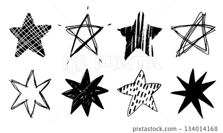 Set of black doodle style stars drawn by hand. Grunge scrawls, charcoal scribbles, rough brush strokes, underlines. Bold charcoal freehand stars. Crayon or marker scribbles 134014168