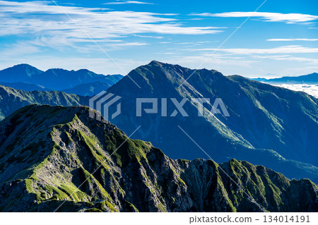 View of Mt. Akuzawa (Higashidake) in the morning glow from the summit of Mt. Akaishi. Climbing Mt. Akaishi in the Southern Alps 134014191