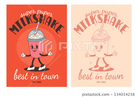 Set of fast food posters. Retro groovy cards with street food characters. Brochure with funky groovy burger, french fries, soda, ice cream, donut, pie, coffee to go, sandwich. Fast food delivery 134014238
