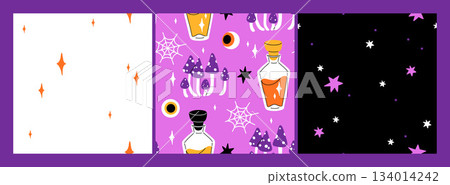 Purple, orange yellow and black seamless prints with Halloween decorative elements - ghost, pumpkin, sculls. Cute vector characters, decor objects - sweets, pumpkin, witch, ghost, bat. Pattern design Purple, orange yellow and black seamless prints with Halloween decorative elements - ghost, pumpkin, sculls. Cute vector characters, decor objects - sweets, pumpkin, witch, ghost, bat. Pattern design 134014242
