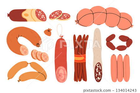 Set of boiled and smoked sausage products, frankfurter, whole sausage, half, sliced, boiled pork, string of sausages. Food, meat dish. Color vector illustration isolated on white Set of boiled and smoked sausage products, frankfurter, whole sausage, half, sliced, boiled pork, string of sausages. Food, meat dish. Color vector illustration isolated on white 134014243