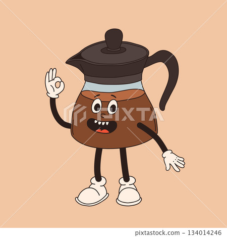 Retro cartoon coffee cup character. Mug mascot in different poses. 60s 70s 80s groovy contour vector illustration. Espresso black coffee cup. Retro cartoon coffee cup character. Mug mascot in different poses. 60s 70s 80s groovy contour vector illustration. Espresso black coffee cup. 134014246