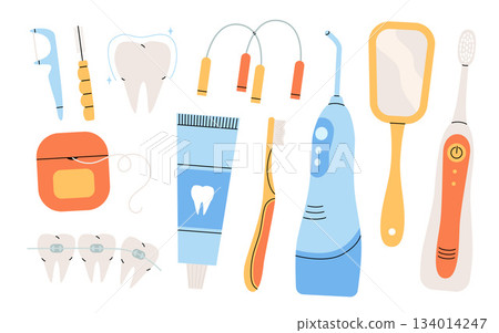Oral hygiene, cleaning tools set. Different dental care accessories. Electric toothbrush, tooth brush, toothpaste tube, oral irrigator, floss. Braces teeth. Flat isolated vector illustration Oral hygiene, cleaning tools set. Different dental care accessories. Electric toothbrush, tooth brush, toothpaste tube, oral irrigator, floss. Braces teeth. Flat isolated vector illustration 134014247