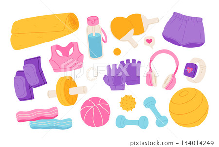 Sport equipment, gym and fitness stuff set. Workout accessories, objects. Balls, tennis rackets, mat, bag, dumbbell. Flat graphic vector illustration isolated on white background 134014249