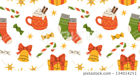 Hygge Winter elements seamless pattern. Cute and cozy cartoon vector collection. Illustration of christmas present, festive garland, warm knitted sweater, envelope, star and skates. 134014251