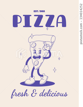 Fast food poster blue on beige. Retro groovy illustration with street food characters. Brochure with funky groovy burger, french fries, soda, ice cream, donut, pie, coffee to go. Fast food delivery 134014252