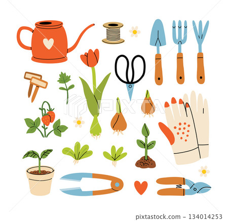 Set of gardening items in hand drawn cartoon style. Various agricultural and garden tools for spring work. Growing plants, flowers and herbs, seedling. Vector clip art illustration. 134014253