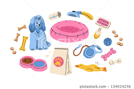 Dog accessories and toys supply set for puppy shop. Veterinary food product and care goods, dog clothes and beds. vector illustration isolated on white background Dog accessories and toys supply set for puppy shop. Veterinary food product and care goods, dog clothes and beds. vector illustration isolated on white background 134014256
