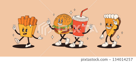Set of fast food retro groovy cartoon character. Vintage mascot of burger, pizza, hot dog, ice cream, french fries, coffee to go, donut and soda with happy smile. Funky street food illustration Set of fast food retro groovy cartoon character. Vintage mascot of burger, pizza, hot dog, ice cream, french fries, coffee to go, donut and soda with happy smile. Funky street food illustration 134014257