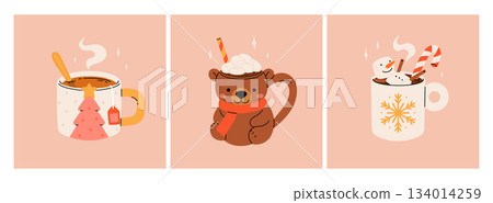 Christmas hot drink collection. Flat cartoon beverages. Holiday cute mugs with hot cocoa, coffee, and mulled wine. New year drinks decorated with sweets and candy. Isolated vector illustration Christmas hot drink collection. Flat cartoon beverages. Holiday cute mugs with hot cocoa, coffee, and mulled wine. New year drinks decorated with sweets and candy. Isolated vector illustration 134014259