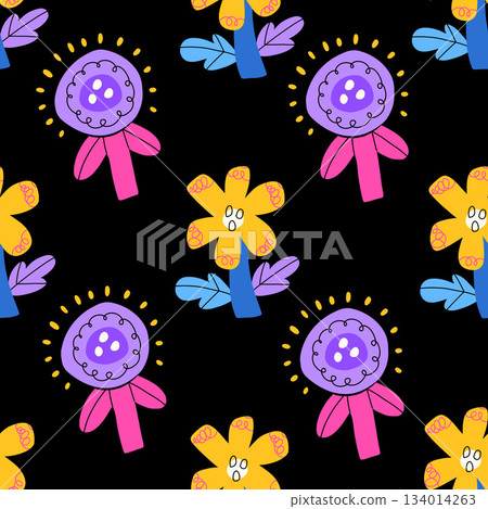 Vector seamless pattern with abstract cute spring flowers and leaves in flat cartoon style. Kids design, for fabric, wrapping, textile, wallpaper Vector seamless pattern with abstract cute spring flowers and leaves in flat cartoon style. Kids design, for fabric, wrapping, textile, wallpaper 134014263