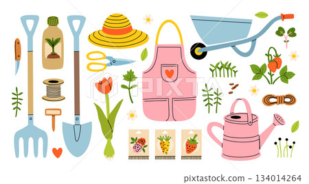 Set of gardening items in hand drawn cartoon style. Various agricultural and garden tools for spring work. Growing plants, flowers and herbs, seedling. Vector clip art illustration. Set of gardening items in hand drawn cartoon style. Various agricultural and garden tools for spring work. Growing plants, flowers and herbs, seedling. Vector clip art illustration. 134014264
